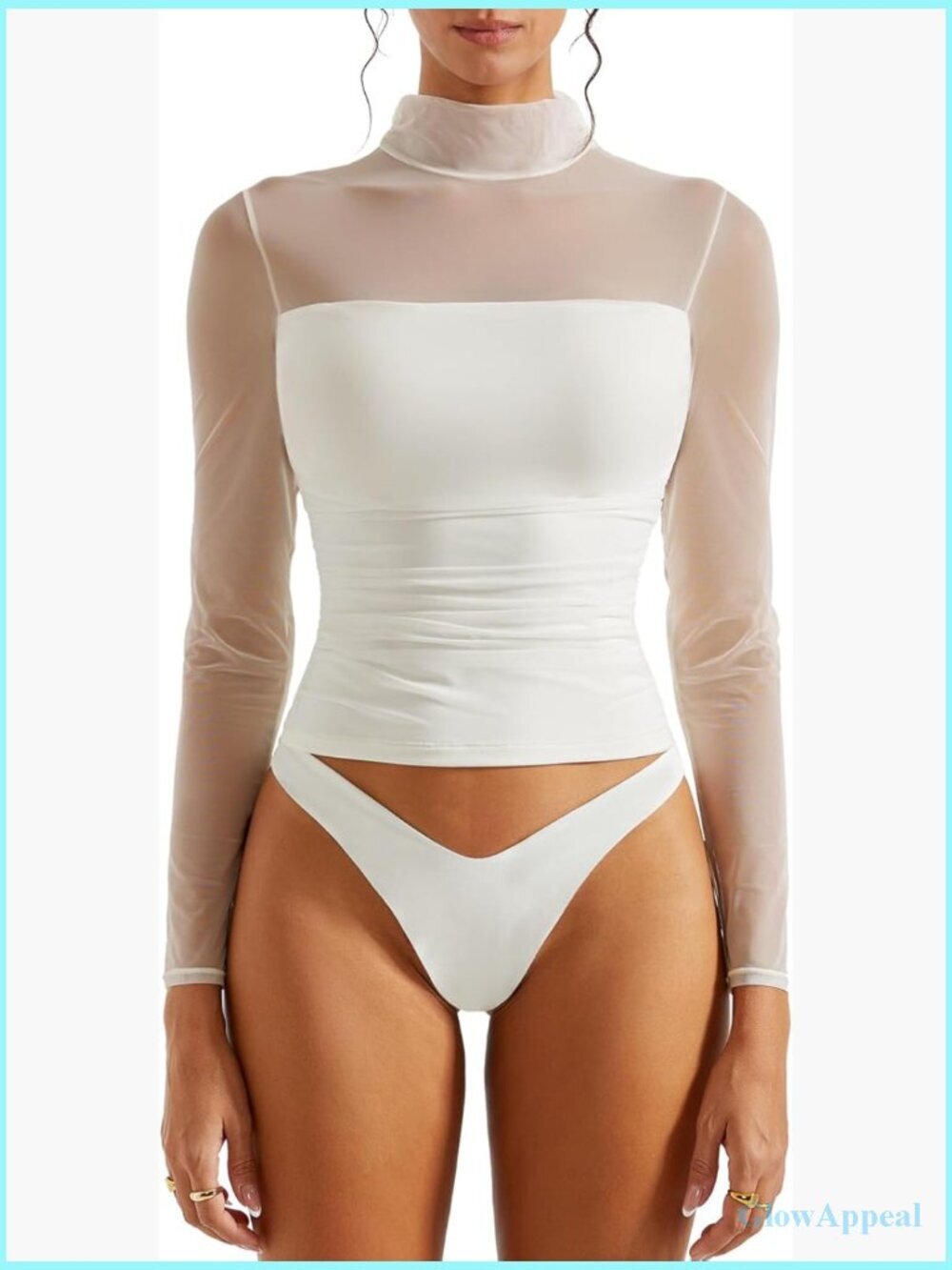 Double Line Mesh Sheer Crop Tank Top Mock Neck Long Sleeve Shirt